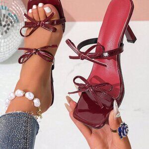 Burgundy Bowknot Open Toe High Heel Women's Sandals